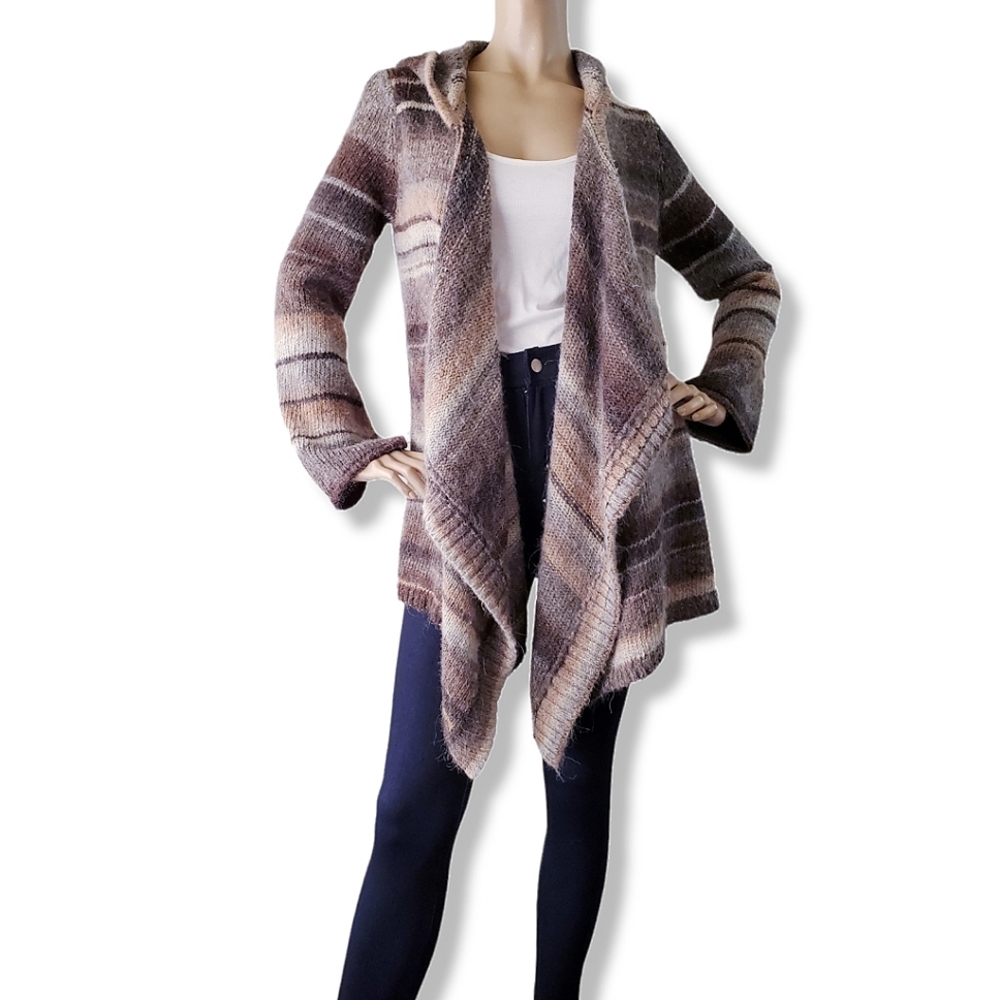 Michael Kors Multi-Striped Oversized Open Front Hooded Knit Cardigan